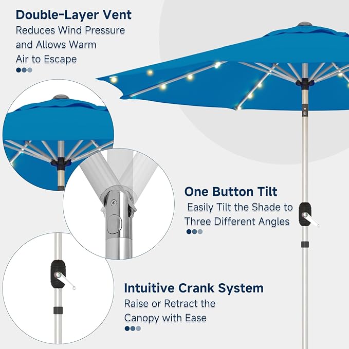 9FT Aluminum Patio Umbrella with 40-LED Solar Lighted, Fade-Resistant Outdoor Market Table Umbrella with Push Button Tilt Function, 8 Sturdy All-Aluminum Ribs for Gardens, Decks, Backyards & Pools