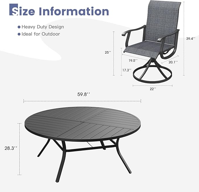 VICLLAX 9 Pieces Patio Dining Set, Patio Furniture Set of 8 Patio Swivel Dining Chairs and 60" Patio Spliced Round Tabletop, Dark Charcoal Chairs & Black Tabletop