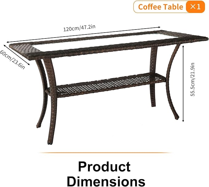 YLGJ&TIDY Outdoor Furniture 2PCS Set All-Weather Brown Wicker Patio Conversation Set 3 Seater Rattan Sofa Glass Coffee Table for Garden Backyard Porch Balcony w/Thick Cushions (Gray,2PCS Sofa/Table)