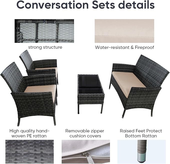 Outdoor Furniture Set of 4 Pieces with PE Waterproof Rattan Tempered Glass Table and Thick Cushions Suitable for Gardens Porches Terraces and Balconies Easy to Assemble, Grey