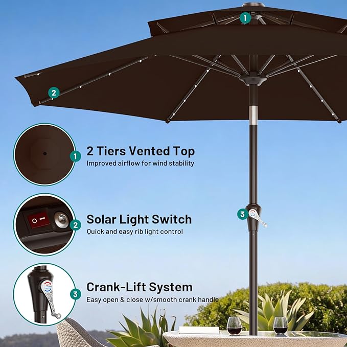 AreShark 9ft 2 Tiers Patio Umbrella with Solar Lights, Outdoor Umbrella w/ 32 LED Lights&8 Sturdy Ribs, Table Umbrella for Deck, Backyard, Pool(Dark Brown)