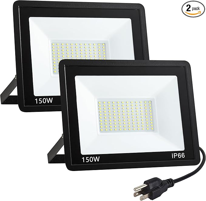 2 Pack 150W LED Flood Light,15000 LM Super Bright Outdoor Lights,IP66 Waterproof Outdoor Flood Light,6000K Daylight White Floodlights for Garage,Yard,Garden,Patio