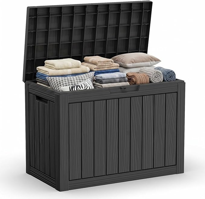 DRATO 45 Gallon Deck Box, Outdoor Storage Box for Patio Furniture, Patio Cushions, Gardening Tools, Pool Supplies 480lbs Weight Capacity, Waterproof Resin Storage Boxes (Black, 45 Gallon)