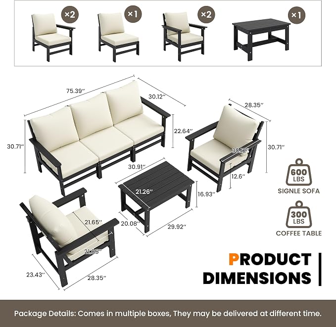 UDPATIO 6 Pieces Patio Furniture Sets HDPE Outdoor Furnitue Modular Sofa Set with Cushion All Weather Conversation Set for Deck Yard Garden Poolside