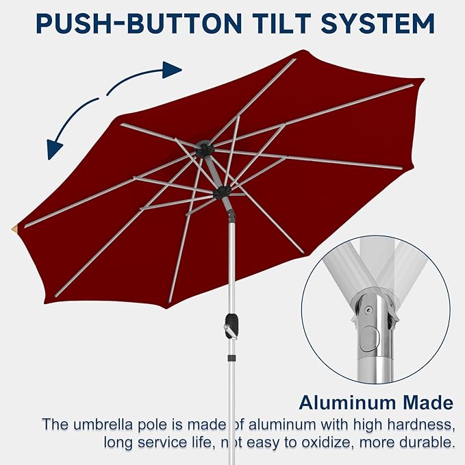 9FT Aluminum Outdoor Patio Umbrella, Fade-Resistant Market Umbrella with Push Button Tilt Function, 8 Sturdy All-Aluminum Ribs for Gardens, Patios, Backyards & Pools