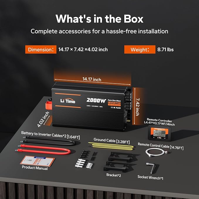 Litime 2000W Pure Sine Wave Power Inverter with ATS Transfer Switch, 12V DC to 120V AC Converter, 4000W Peak, Remote LCD Controller, USB & Type-C for RV, Truck, Home, Camping