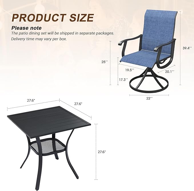 VICLLAX 3 Pieces Outdoor Dining Set, Patio Furniture Set Includes 27.6" Square Metal Table and 2 Textilene Swivel Chairs for Porch, Lawn, Garden, Black/Dark Blue