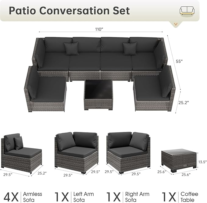 LHBcraft 7 Piece Patio Outdoor Furniture Set, Outdoor Sectional, All-Weather Hand-Woven Wicker Black Patio Sectional, Rattan Outside Furniture with Cushion and Glass Coffee Table