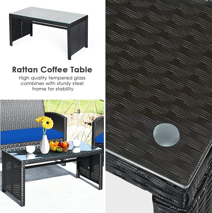 Tangkula 4 Pieces Patio Wicker Conversation Furniture Set, Patiojoy Sofa & Table Set w/4 Seats, Outdoor Rattan Sofa Set for Balcony Backyard, Wicker Chair Set with Tempered Glass Coffee Table