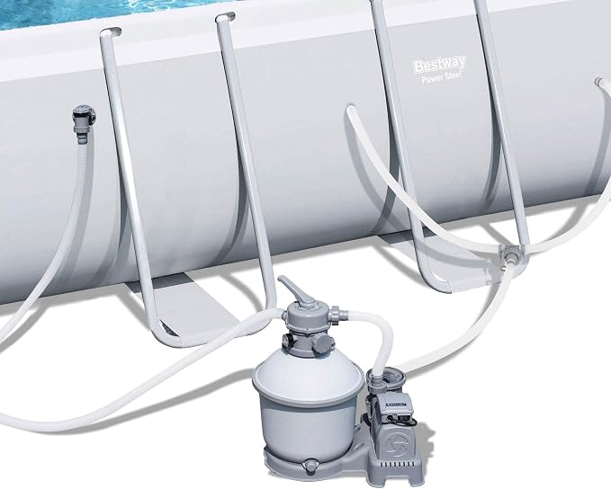 Bestway 18 x 9 x 4 Foot Rectangular Above Ground Pool Set with Ladder, 1000 Gallon Sand Filter Pump, Ground Cloth, Pool Cover, and Surface Skimmer