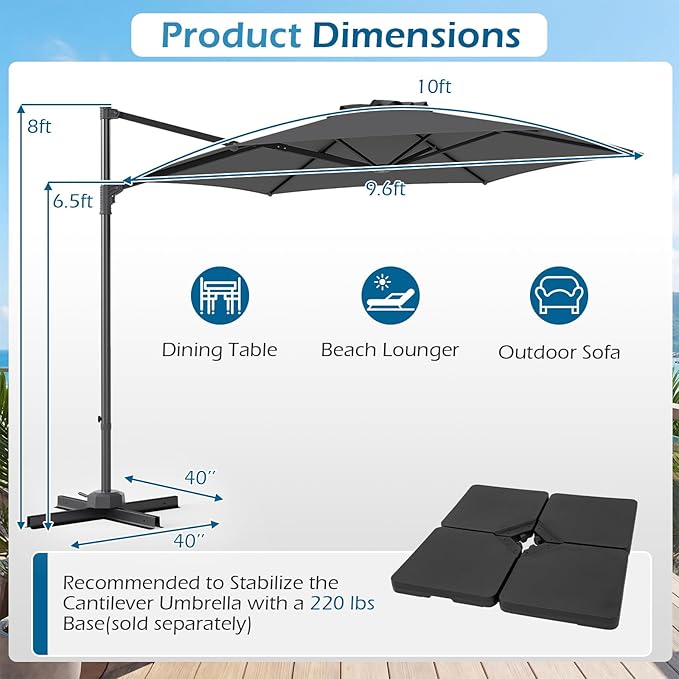 Tangkula 10FT Patio Umbrella, Offset Cantilever Outdoor Umbrella with 360 Degree Rotation, Air Vent, Cross Base for Pool Deck Garden Backyard (Gray)