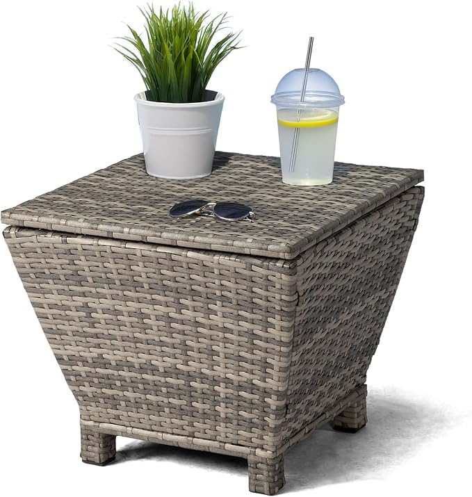 Outdoor PE Wicker Side Table with Storage – 13 Gallon Patio Storage Bin, All-Weather Rattan Coffee Table for Garden, Balcony, Poolside – Holds Hose, Cushions, Towels (Grey)