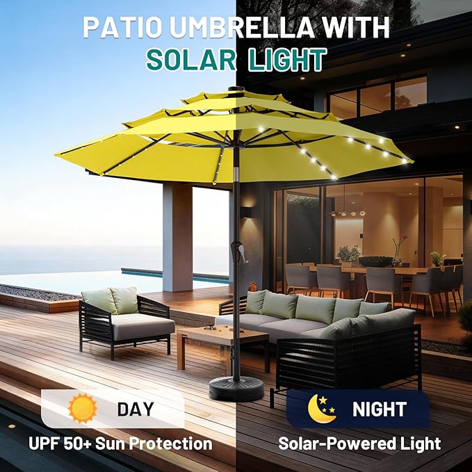 AreShark 9ft 3 Tiers Patio Umbrella with Solar Lights, Outdoor Umbrella w/ 32 LED Lights&8 Sturdy Ribs, Table Umbrella for Deck, Backyard, Pool (Yellow)