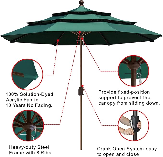 EliteShade USA 10-Year-Non-Fading 11ft 3-Tier Market Patio Umbrella, Commercial Grade Outdoor Table Umbrella with Crank Open, Windproof & UPF 50+ UV Protection, Heavy Duty Ventilation for Garden, Deck, Pool, Backyard, Beach & Bistro, No Tilt, Forest Green