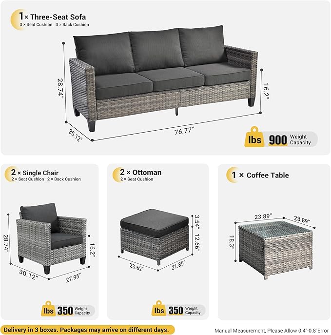 ovios 6 Pieces Patio Furniture Set, Outdoor Wicker Rattan Sofa Couch with Glass Table, Chairs, Comfy Cushions, Conversation Sets for Porch Deck Garden, Black