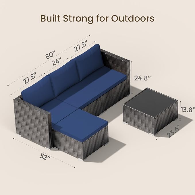 Patio Furniture Set - All-Weather -5 Piece Outdoor Patio Conversation Couch Sets, Modular Wicker Rattan Sectional Sofa for Garden, Patio, Poolside, Backyard, Balcony, Porch,Navy Blue
