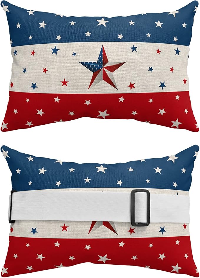 Outdoor Lumbar Pillows with Adjustable Band,Independence Day Red White Blue Stripe Waterproof Recliner Throw Pillow Chaise Lounge Cushion with Insert for Beach,Graden Rustic Star on Cotton 1 Pack