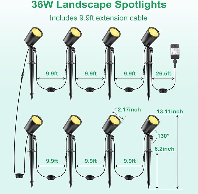deerdance LED Outdoor Landscape Lighting Low Voltage Landscape Pathway Lights Aluminum Wired Waterproof Outdoor Spotlights Uplight Transformer for Yard House Garden 24W 2400lm (Warm White, 8)