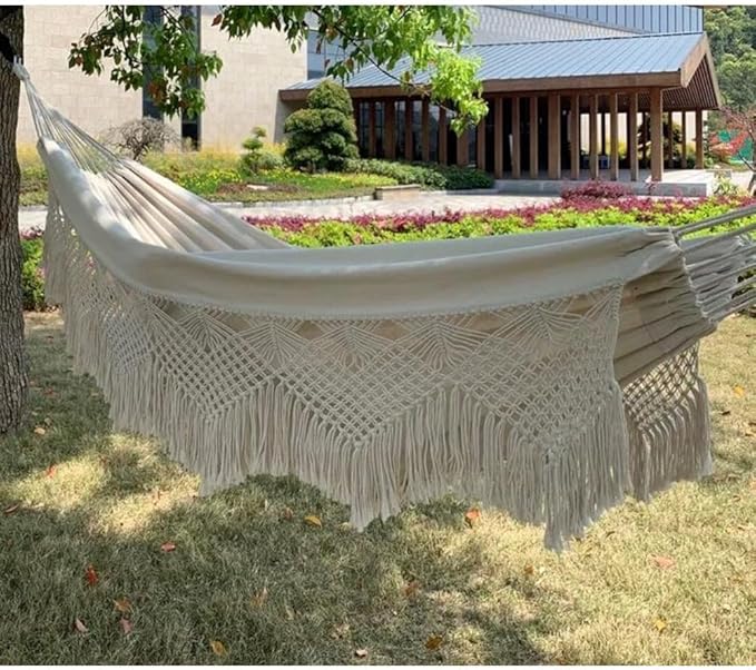 Double Macrame Hammock with Heart Design, Beige 2-Person Hammock for Indoor Outdoor, 79 x 59 Inch Large Boho Hammock with Rope and Hooks for Patio, Porch, Garden, Balcony, and Beach