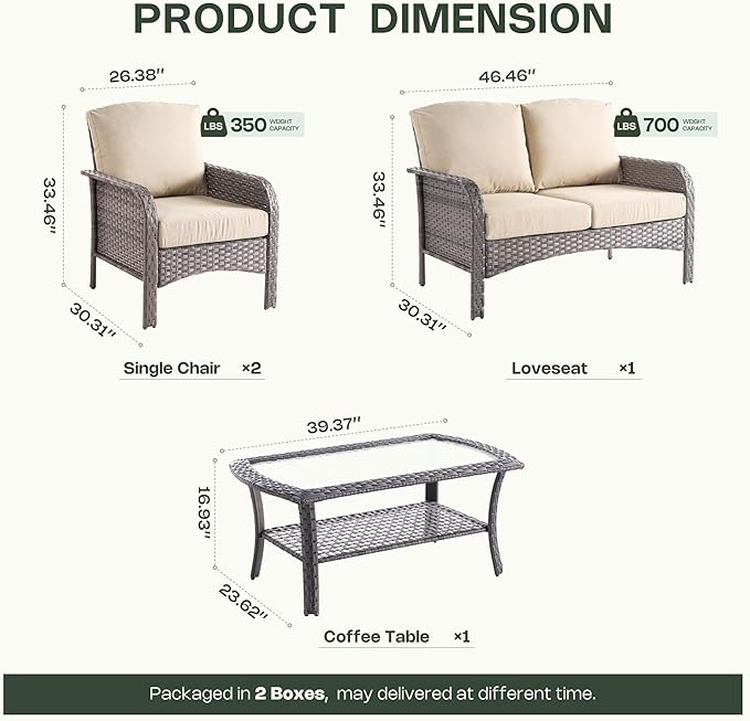 4-Piece Patio Furniture Set, Outdoor Wicker Furniture with Coffee Table, All Weather High Back Loveseat Patio Chairs, Modern Rattan Outdoor Chairs Conversation Set for Porch, Balcony, Garden,Beige
