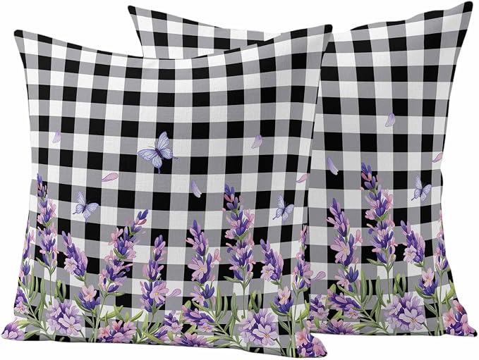 Lavender Floral Outdoor Waterproof Pillow Covers, Purple Flowers Butterfly Black Gray Plaid Decorative Square Throw Pillowcase Sofa Cushion Sham for Patio/Couch/Chair, 26"x26" 2 Pack