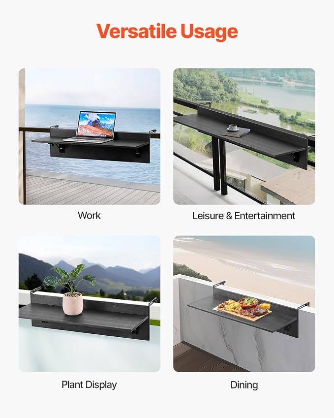 VEVOR Balcony Hanging Table, 31.5 x 12 inch Folding Balcony Railing Table, Outdoor Bar Table, 50 lbs Loading, Fit Railing from 1" to 4.3", Serving for Patio & Deck