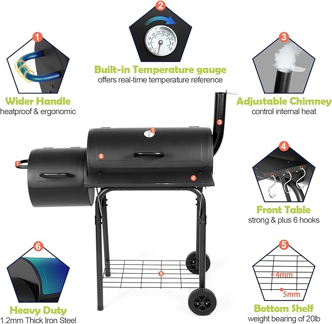 HaSteeL Outdoor Charcoal Grill with Cover, Large Barrel BBQ Grill with Offset Smoker, Great for Camping Patio Backyard Garden Party Picnic Beach, Large 420.SQ.IN Cooking Area, 2 Screwdrivers - Black