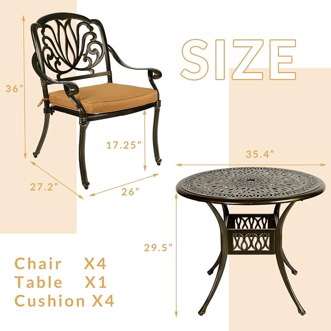 5-Piece Outdoor Patio Dining Set, All-Weather Cast Aluminum Patio Furniture Set for Backyard Garden Deck with 4 Chairs, 4 Cushions and 35.4" Round Table, 2" Umbrella Hole