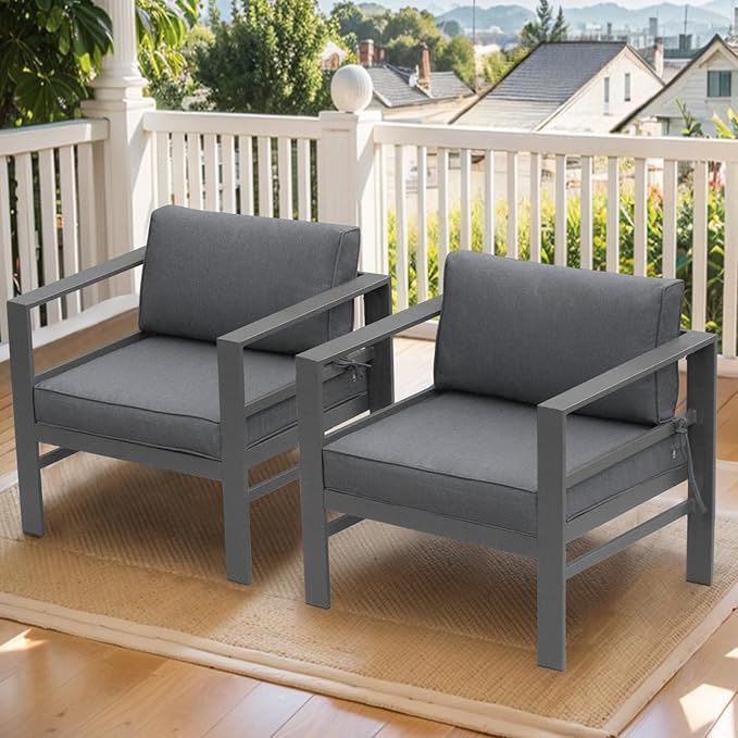 2 PCS Aluminum Modern Outdoor Patio Club Chair Set, Grey Cast Aluminum, All-Weather, Sectional Sofa, 27.6*25.2*25 inches, 400 lbs, Grey, Resistant, Sturdy, Waterproof