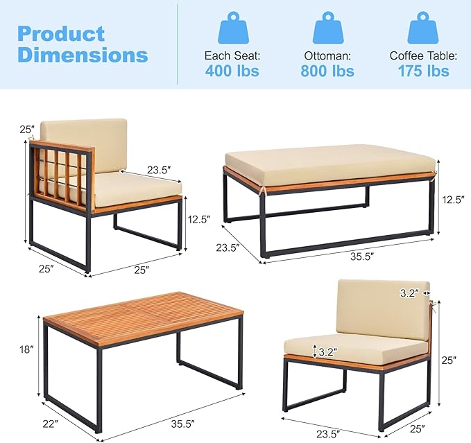 Tangkula 5 Piece Patio Furniture Set, Acacia Wood Sectional Set with Heavy-Duty Metal Frame, Comfy Seat & Back Cushions, Outdoor Wood Conversation Chair Set for Poolside, Porch, Backyard (Beige)