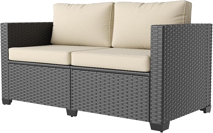 Aoxun 1 Piece Loveseats Patio Furniture Set, Wicker Outdoor Furniture Conversation Set with 4" Thick Cushions for Deck Yard and Poolside Beige