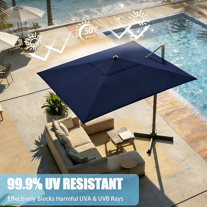GarveeLife Large Cantilever Patio Umbrella, 10 ft X 10 ft Heavy Duty Aluminum Cantilever Offset Outdoor Umbrella with 360-Degree Rotation for Backyard, Deck, Pool (Navy Blue)