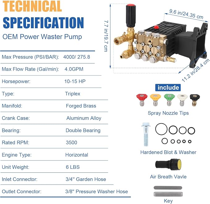 Pressure Washer Pump, 4000 PSI 4.4 GPM, 1" Horizontal Shaft Three-Layer Plunger, Direct Drive Replacement Kit Compatible with Simpson, MorFlex & Major Brands