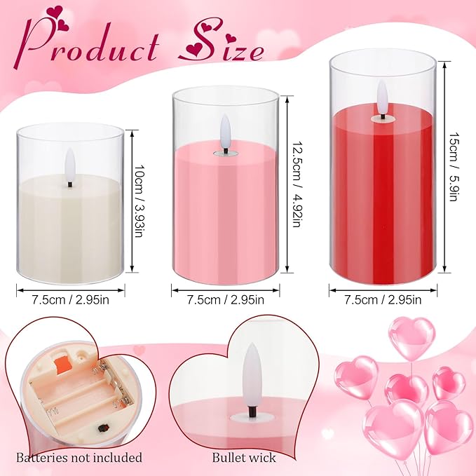 Tuanse 3 Pcs Battery Powered Valentine Flameless Candles (Pink, Red, White) with Mixed Size Xmas Color Flickering LED Lights Pillars for Valentine Winter Home Party Decoration