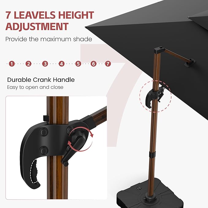 GENTEACO 10x13FT Wood Pattern Cantilever Patio Umbrella, Double Top Rectangle Offset Umbrella 7 Angle Tilts & 360° Rotation, Large Heavy Duty Outdoor Sun Umbrella for Pool Market, Black