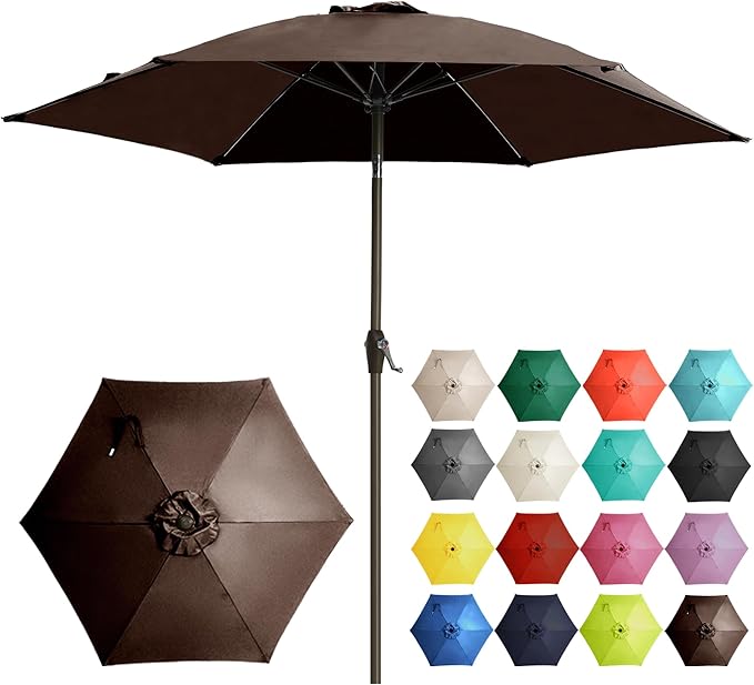 Ayge 7.5FT Large Outdoor Patio Umbrella Market Table Umbrella-UV Resistant, Easy Push Button Tilt and Crank, 6 Sturdy Fiberglass Ribs Heavy-Duty Pool Umbrella for Deck, Backyard,Garden, Yard,Brown