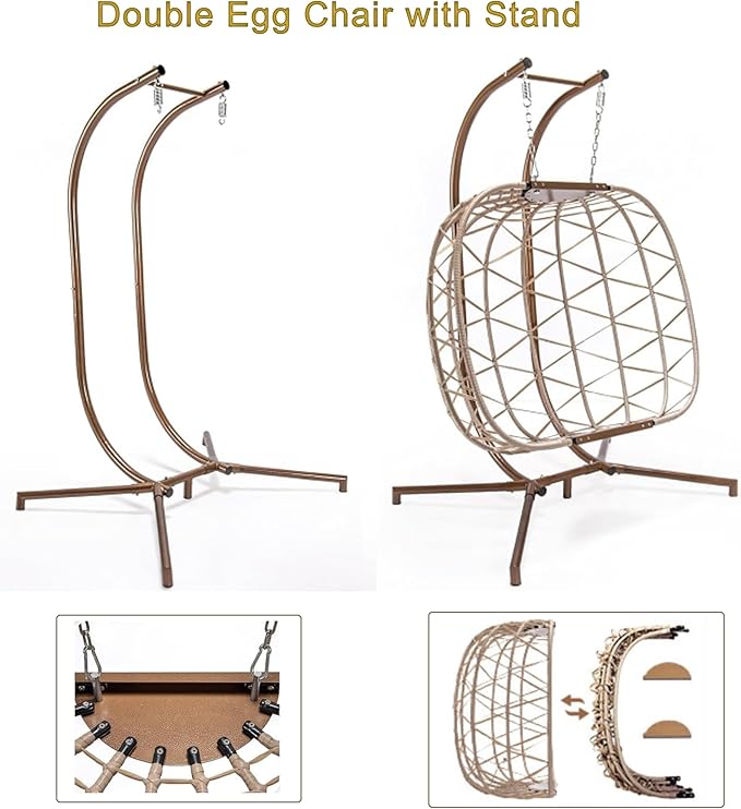 Double Egg Chair with Stand Outdoor Hanging Egg Swing Chair,Wicker Rattan Egg Chair Indoor Loveseat Chair with Cushion 500 lbs Capacity for Bedroom Balcony Patio (Cream+Beige)