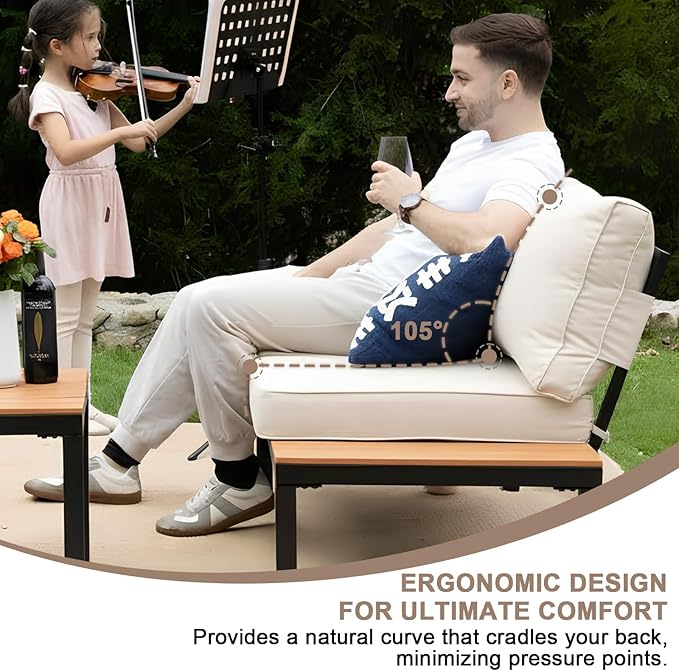 5-Person Outdoor Patio Furniture Set, Durable Metal Frame Outdoor Sectional with Wood-Look Table & Waterproof Cushions, All-Weather Conversation Set for Garden, Balcony, Poolside-Beige