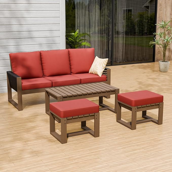 Rustic Hideaway Natural Cedar Wood Outdoor Furniture Set, Wicker Patio Conversation Set for Porch Garden Backyard, Couch, Coffee Table and 2 Ottomans, 4 Piece, Brownish/Red