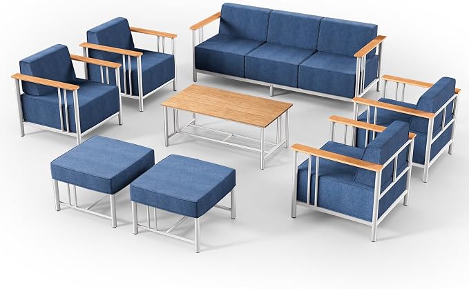 Luxury Patio Furniture Set with 10" Extra Thick Cushions, 8 PCS Outdoor Furniture Set with Patio Chairs & Couch & Coffee Table, Suitable for Porch, Balcony, Deck, Yard, Poolside, White/Blue