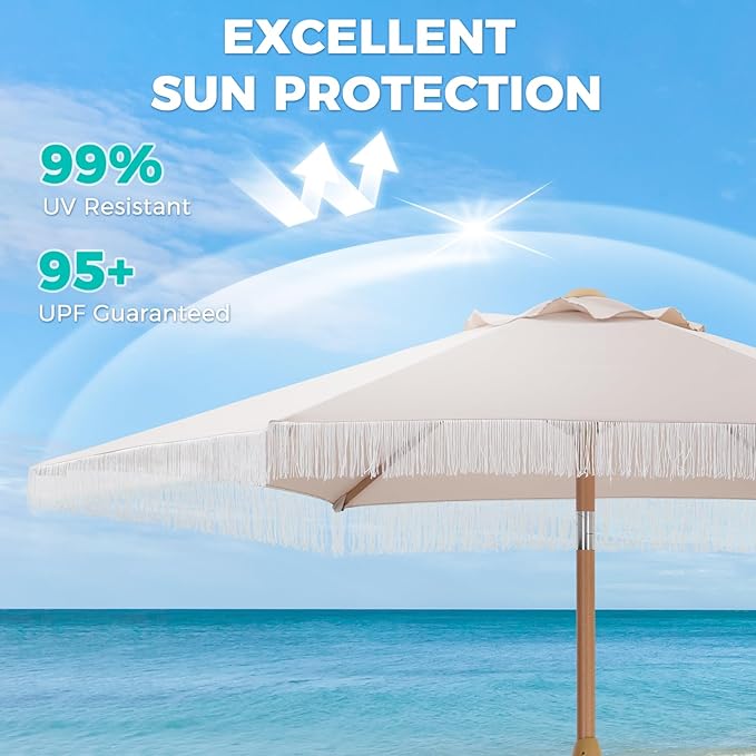 7.5ft Fringe Umbrella,Outdoor Market Umbrella with Push Button Tilt and Crack for Garden, Pool, Deck, Bistro,Khaki