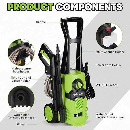 Electric Pressure Washer, w/23ft Hose & 18ft Cord, Angle-Adjustable Nozzle, Foam Cannon, Power Washer for Car, Driveway, Patio, Fence, House Cleaning