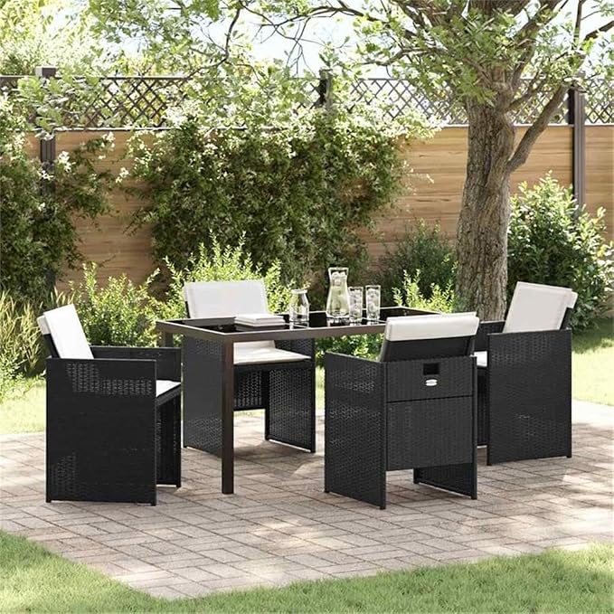 Afuera Living 5-Piece Poly Rattan Patio Dining Set, Black Finish, Tempered Glass Tabletop, Powder-Coated Steel Legs, Foldable Chairs with Weather-Resistant Cushions, Modern Outdoor Furniture for