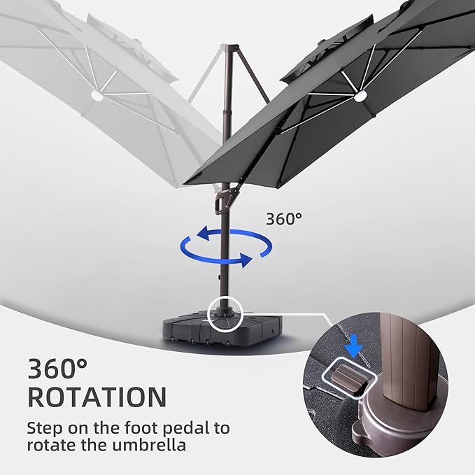 9 X 12 FT Cantilever Patio Umbrella with Led Lights and Base Included Heavy Duty Outdoor Double Top Large Rectangle Offset Umbrellas with 360-degree Rotation for Garden Pool Deck Backyard, Grey