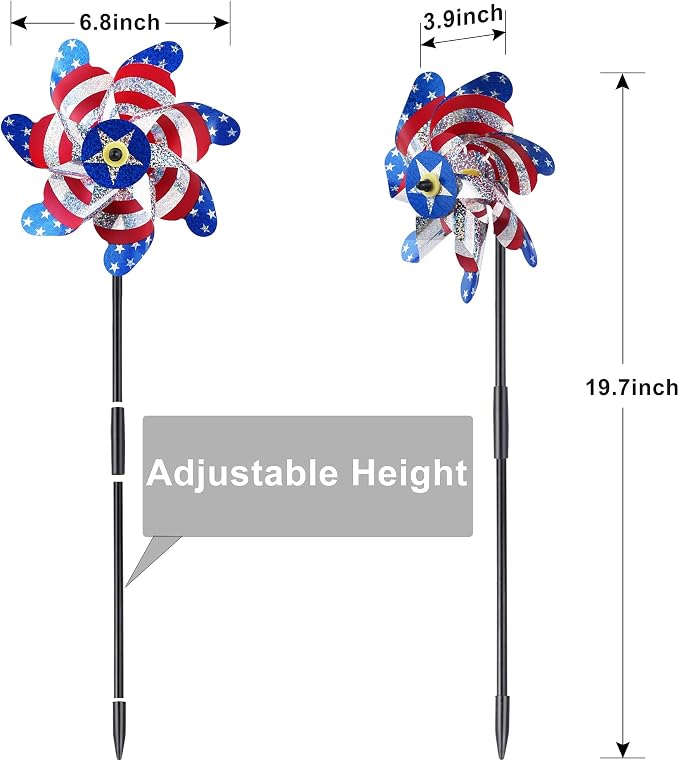 BATTIFE Preassembled Reflective Pinwheels for Yard, American Flag, 10 Pack | Sparkly Reflective Material Spinner, Spins Best in Steady Wind, Animal-Deterrent Results Vary by Placement and Conditions