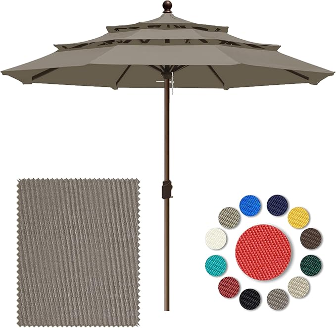 Eurmax USA 10-Year-Non-Fading 10FT 3-Tier Outdoor Patio Market Umbrella,UPF50+ UV Resistant,Heavy Duty Commercial Grade,Crank Lift Design,Windproof Vented Top for Garden,Pool,Deck,Taupe