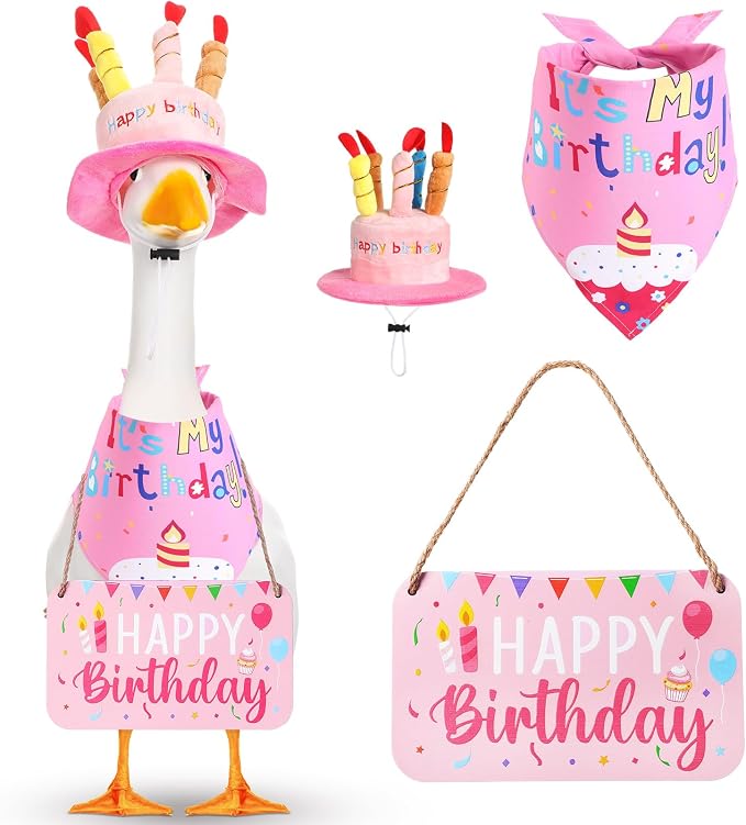Happy Birthday Porch Goose Outfit Lawn Goose Cloth Costume for 23" Cement Plastic Patio Yard Statue Outdoor(Pink,Triangle Scarf)