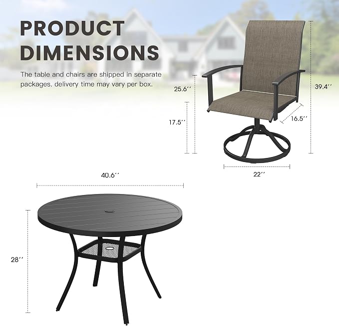 5 Pieces Round Patio Dining Set, Outdoor Furniture of 40.6" Round Patio Table and Patio Swivel Chairs for Backyard Lawn Garden, Black Table and Mixed Brown Chairs