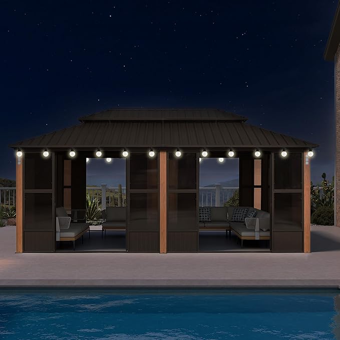 PURPLE LEAF 12' X 20' Outdoor Hardtop Gazebo with Galvanized Metal Roofs Patio Wood Grain Aluminum Frame with Screens and Doors for Deck Garden Bronze