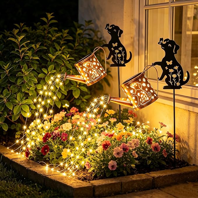 Solar Watering Can Lights for Outside, 2Pack Watering Can with Cascading Lights Shepherd's Hook, Gardening Gifts for Women, Yard Decoration Outdoor and Garden Backyard